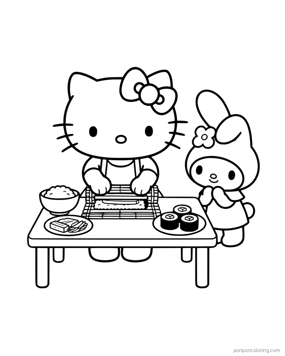 Hello Kitty rolling sushi on a bamboo mat while My Melody stands beside the table.