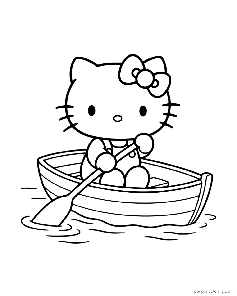 Hello Kitty rowing a little boat on rippling water.