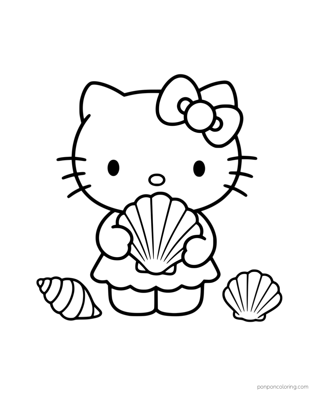 Hello Kitty holding a large seashell beside two smaller shells.