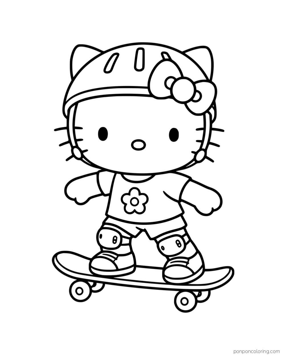 Hello Kitty riding a skateboard while wearing a helmet and knee pads.