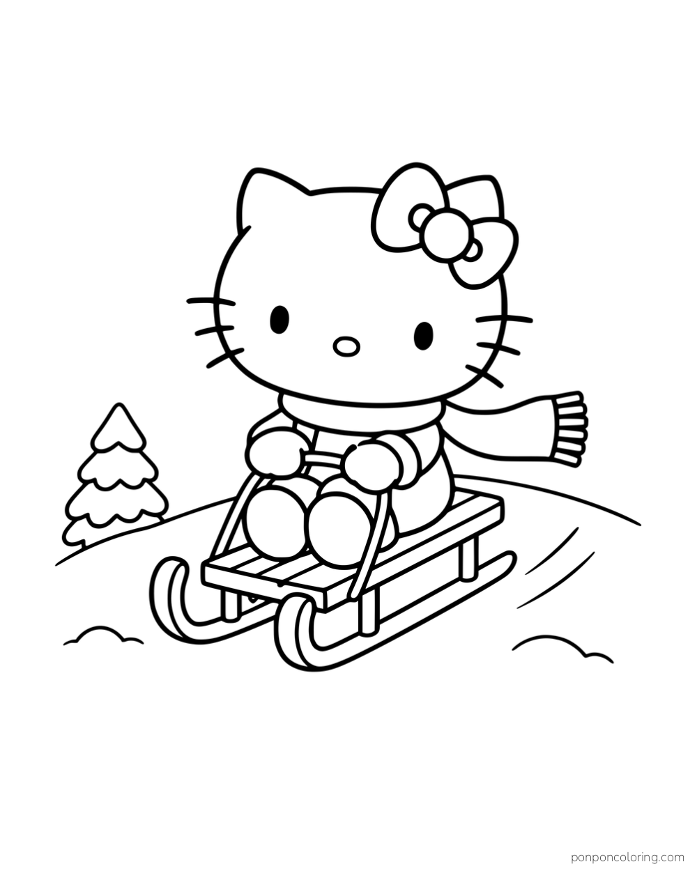 Hello Kitty wearing a scarf and riding a sled down a snowy hill.