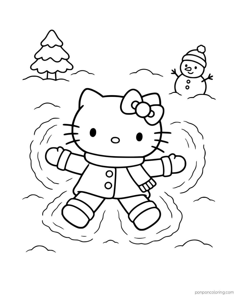 Hello Kitty making a snow angel near a snowman and pine tree.
