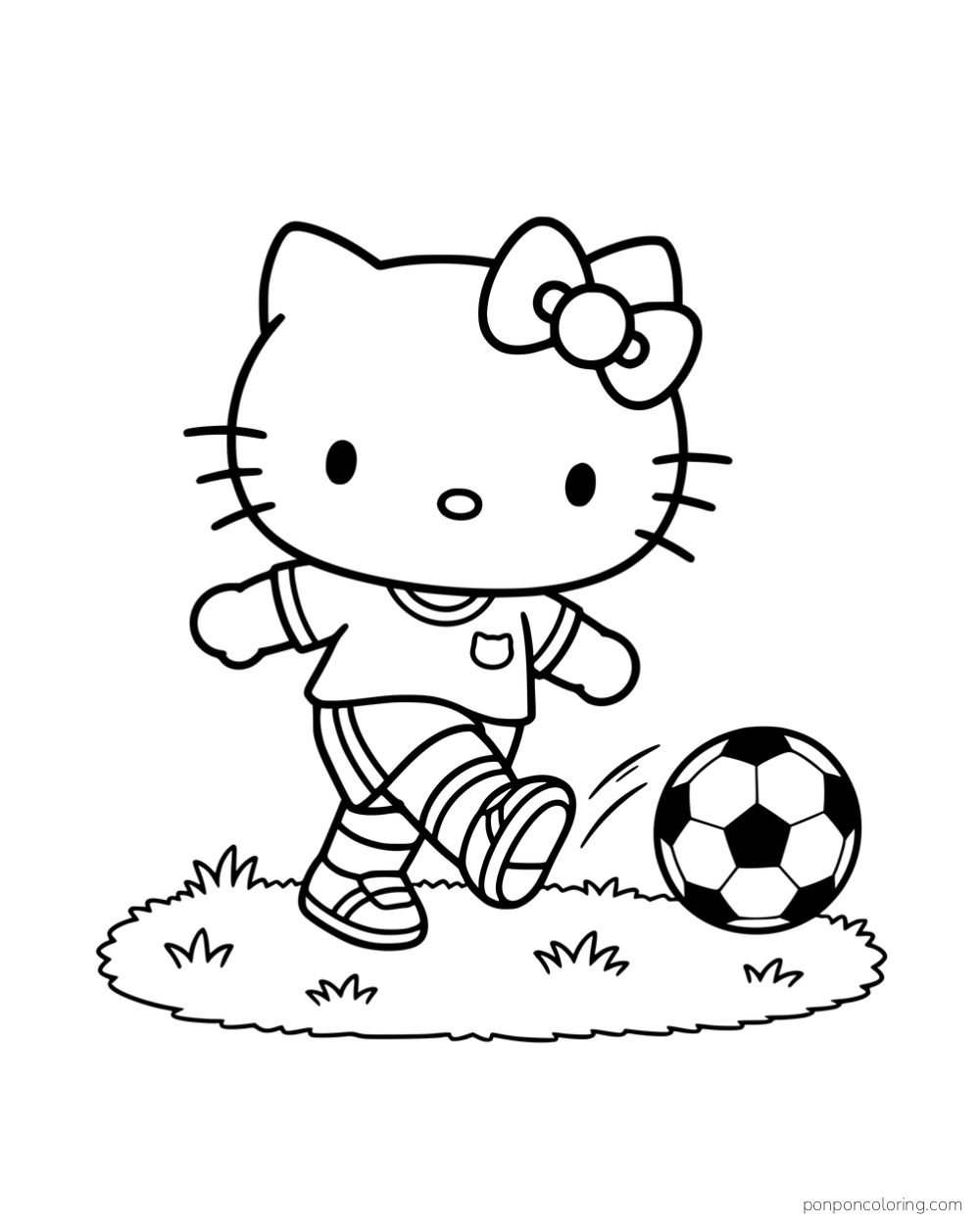 Hello Kitty kicking a soccer ball on a patch of grass.