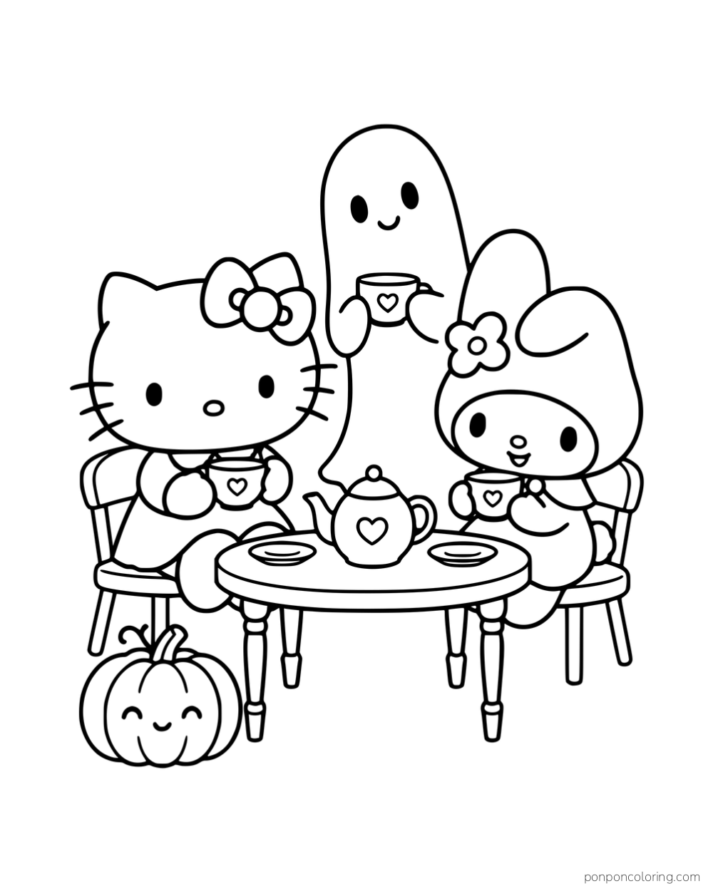 Hello Kitty, My Melody, and a tall friendly ghost sharing tea beside a pumpkin.