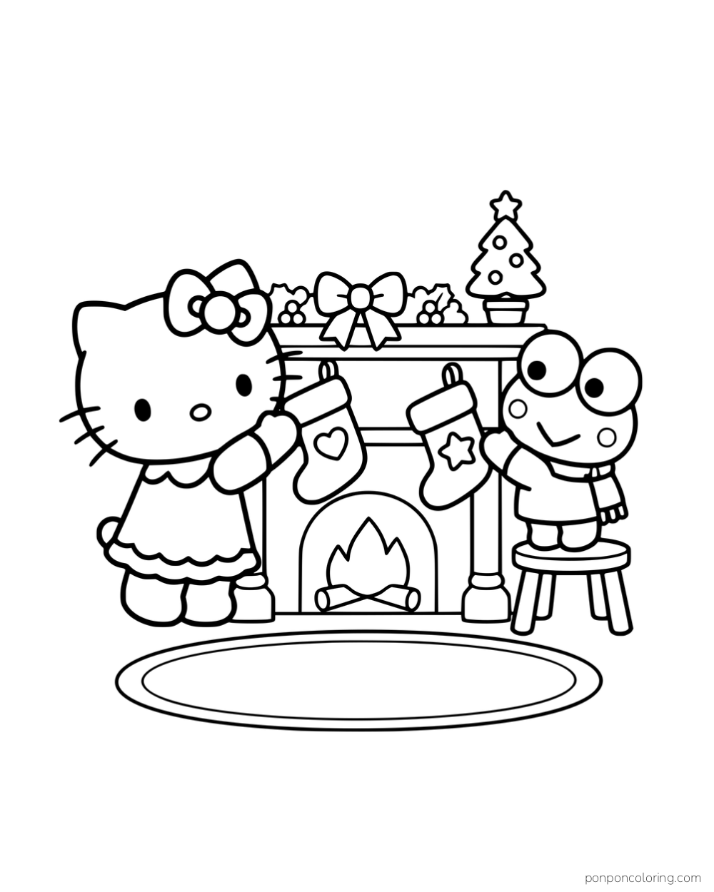 Hello Kitty and Keroppi hanging stockings above a fireplace.