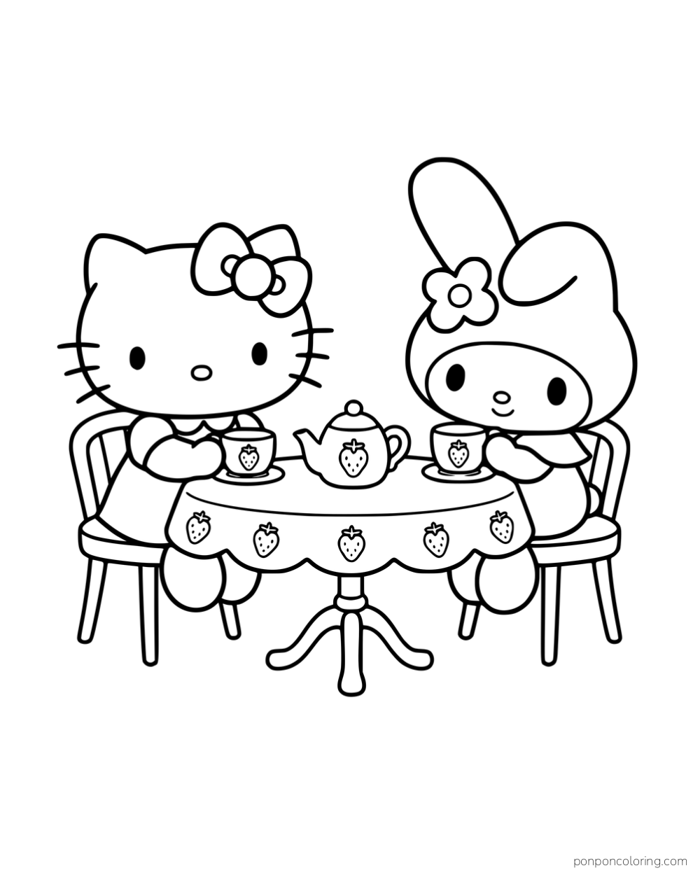 Hello Kitty and My Melody having tea at a table with a strawberry-patterned tablecloth.