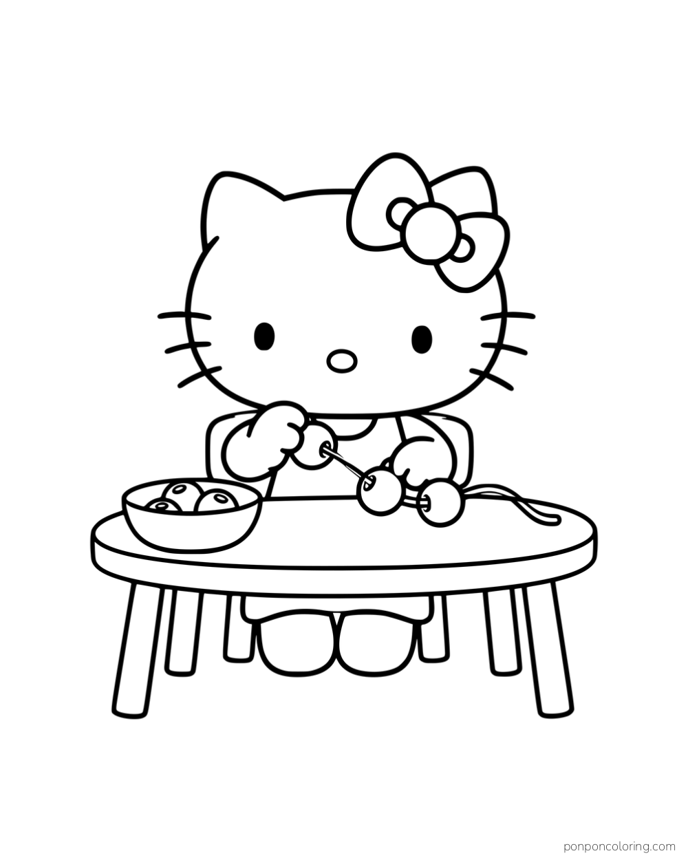Hello Kitty threading large beads onto a string at a small table.