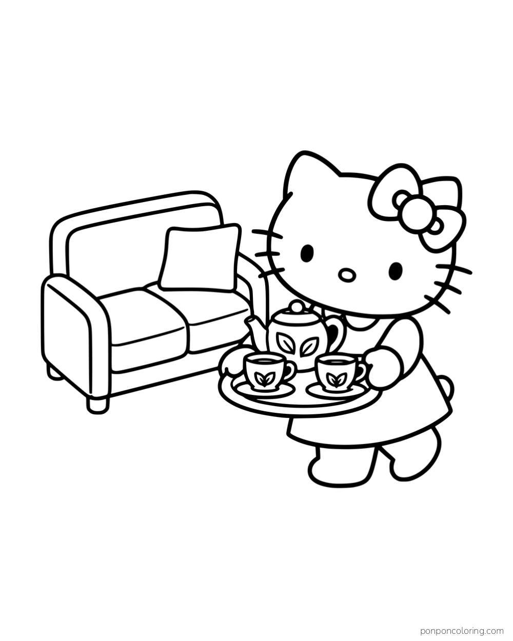 Hello Kitty carrying a tray with a leaf-patterned teapot and two cups beside a sofa.