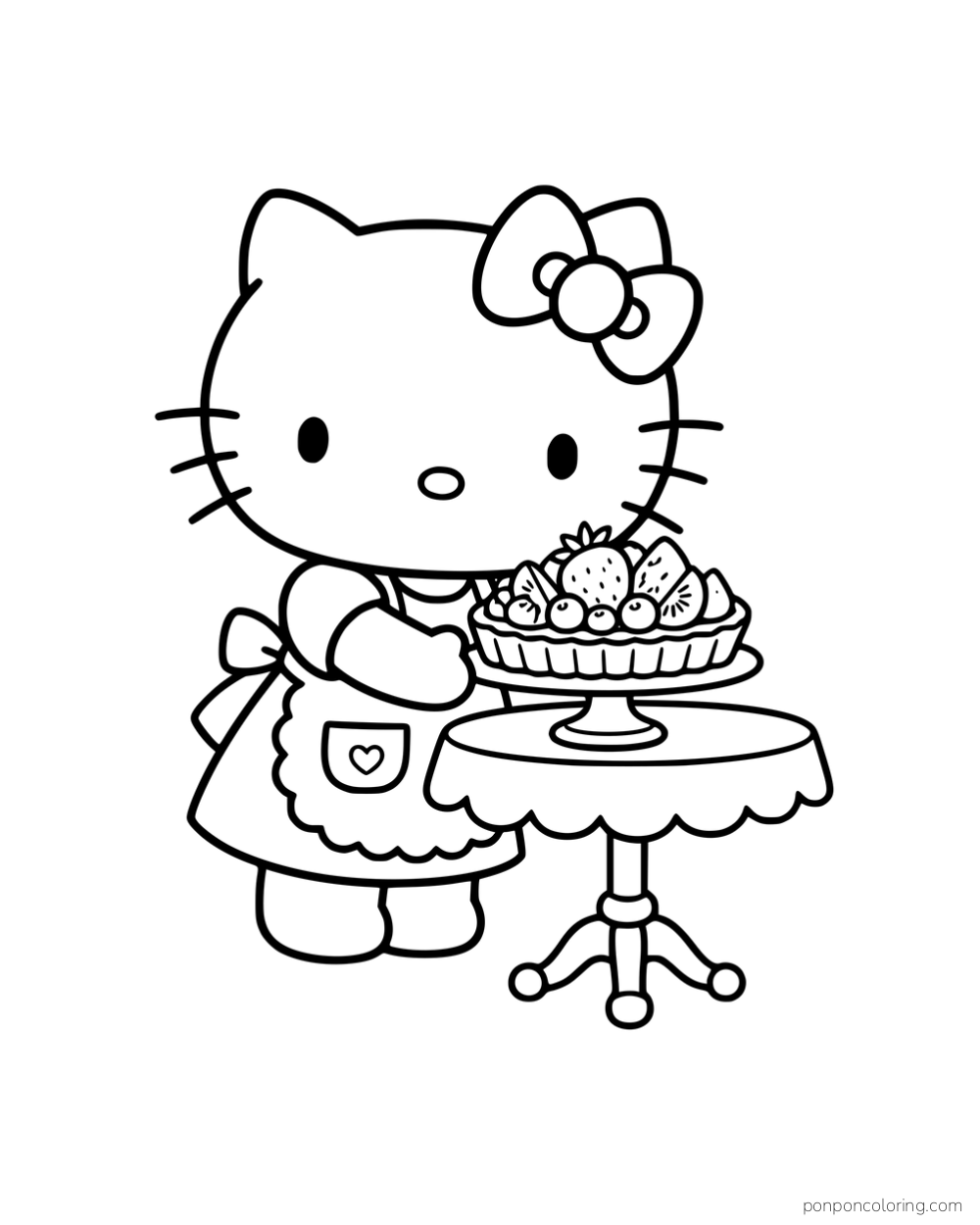 Hello Kitty presenting a fruit tart on a stand at a small round table.