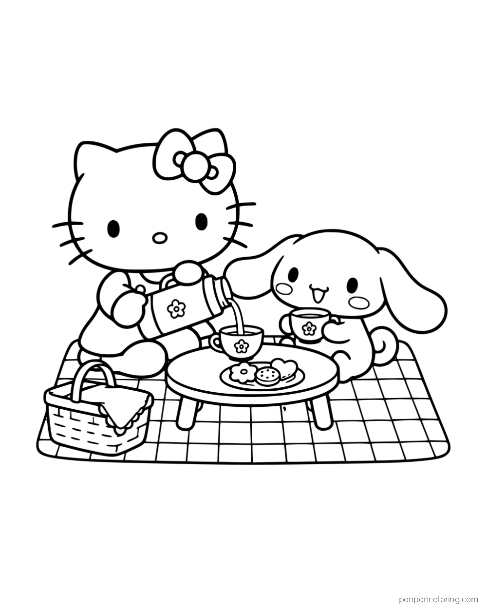 Hello Kitty pouring a drink from a thermos for Cinnamoroll on a picnic blanket.