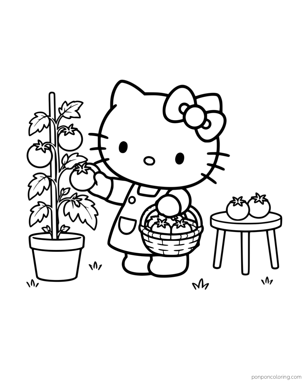 Hello Kitty holding a basket of tomatoes beside a potted tomato plant.