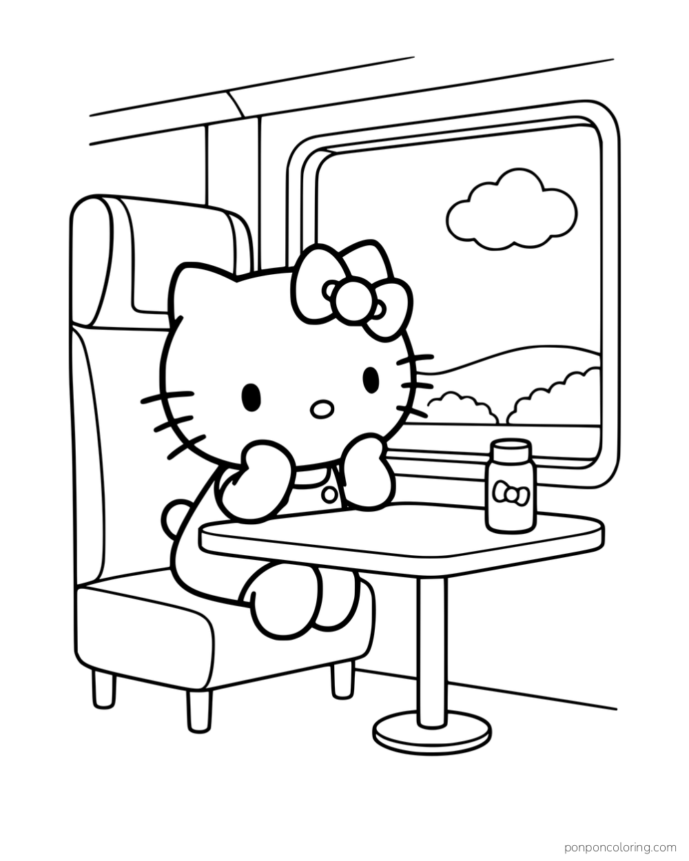 Hello Kitty sitting at a train table beside a window with hills and a cloud outside.