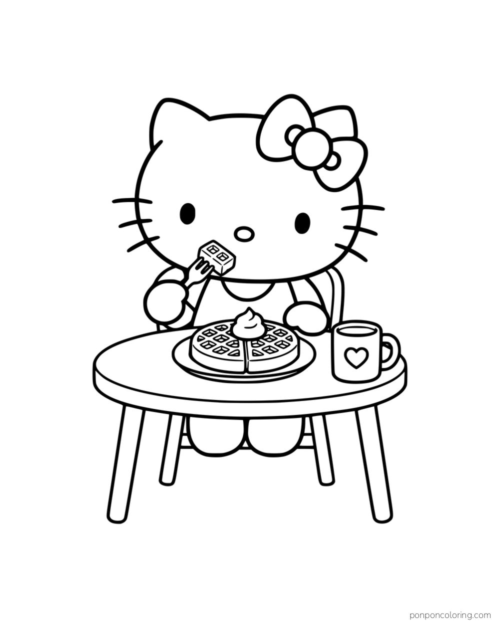 Hello Kitty holding a fork with a waffle bite above a plate of waffles beside a mug.