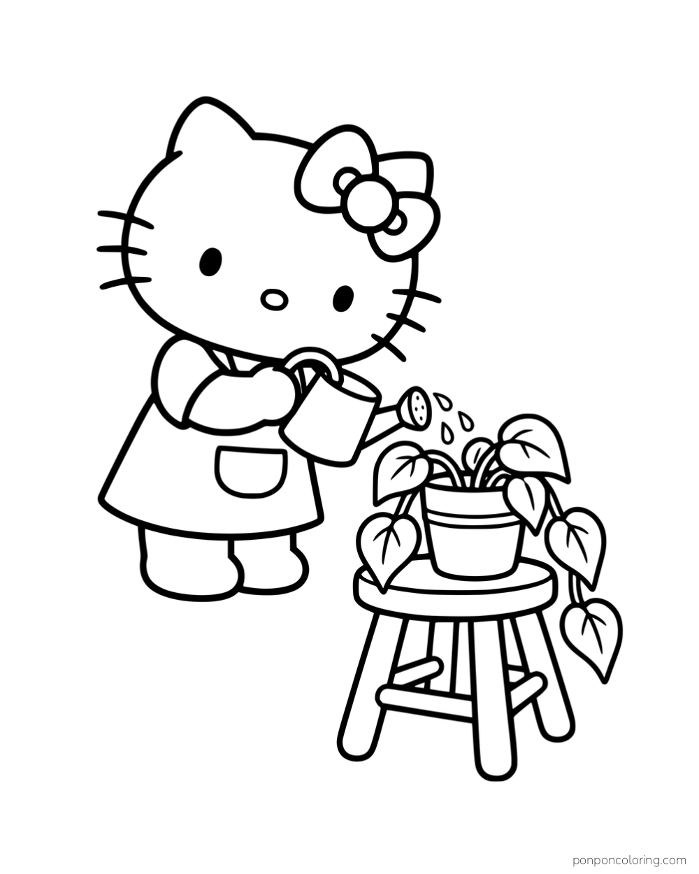 Hello Kitty watering a trailing plant on a wooden stool.