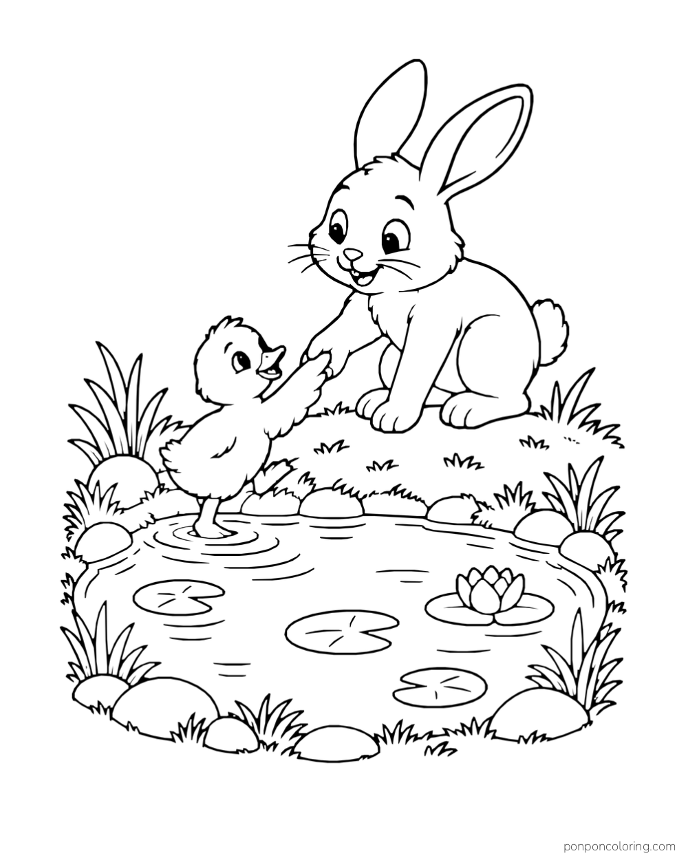 A rabbit reaches down to a duckling at the edge of a pond.