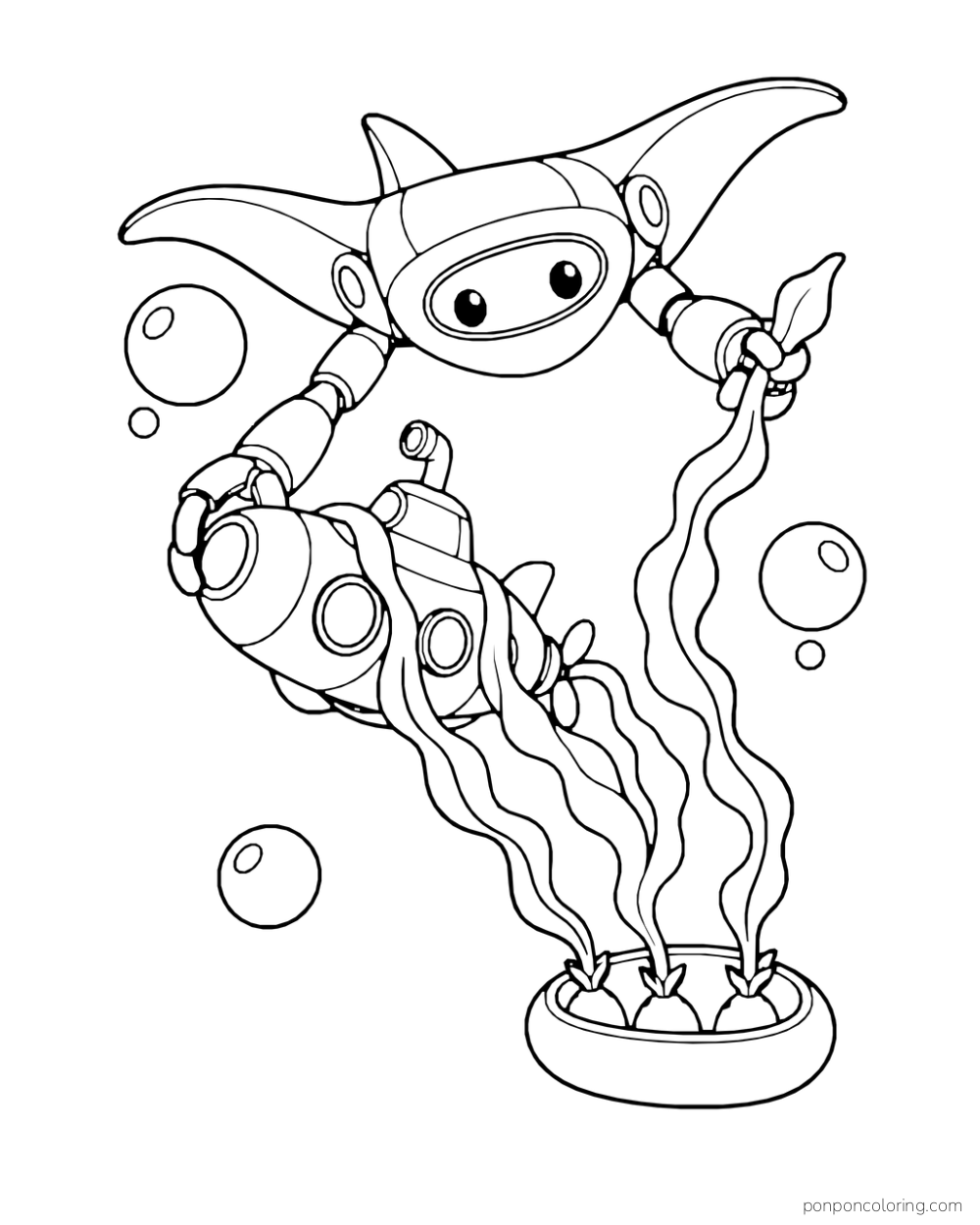 Manta-shaped service robot pulls a small submersible from seaweed.