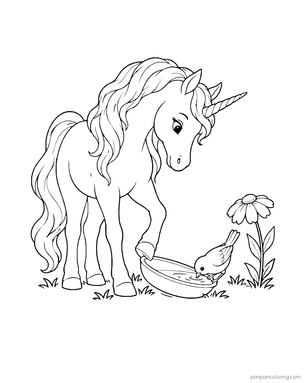 A unicorn lowers its head toward a songbird at a shallow water dish.