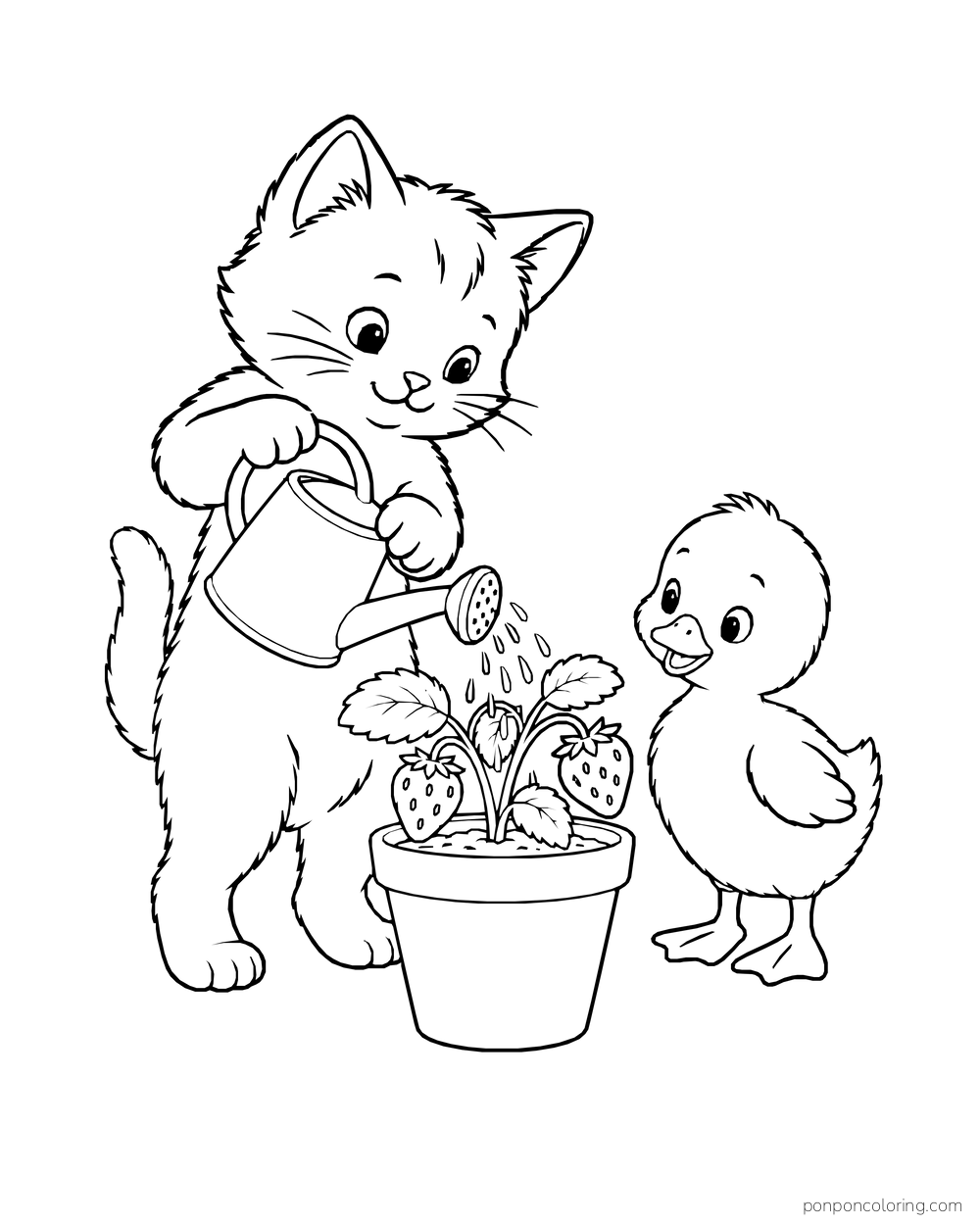 A kitten waters a potted strawberry plant while a duckling watches beside it.
