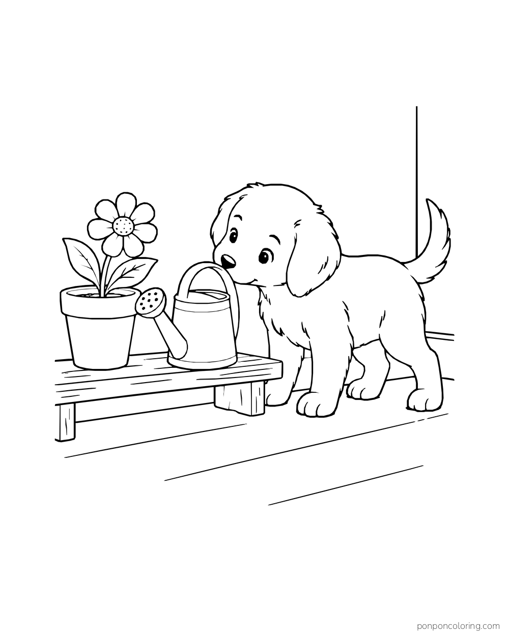 A puppy noses a small watering can beside a flowerpot on a low bench.