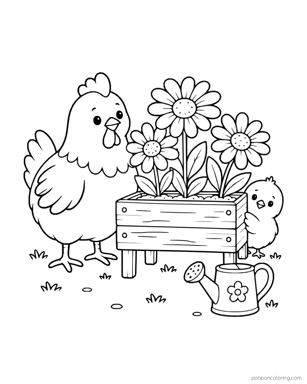 A hen stands beside a planter of three daisies while a chick waits near a watering can.