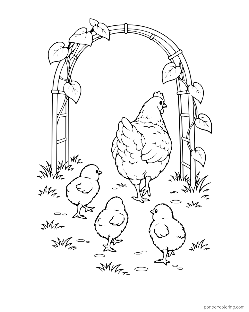 Hen walking beneath a leafy arch with three chicks following