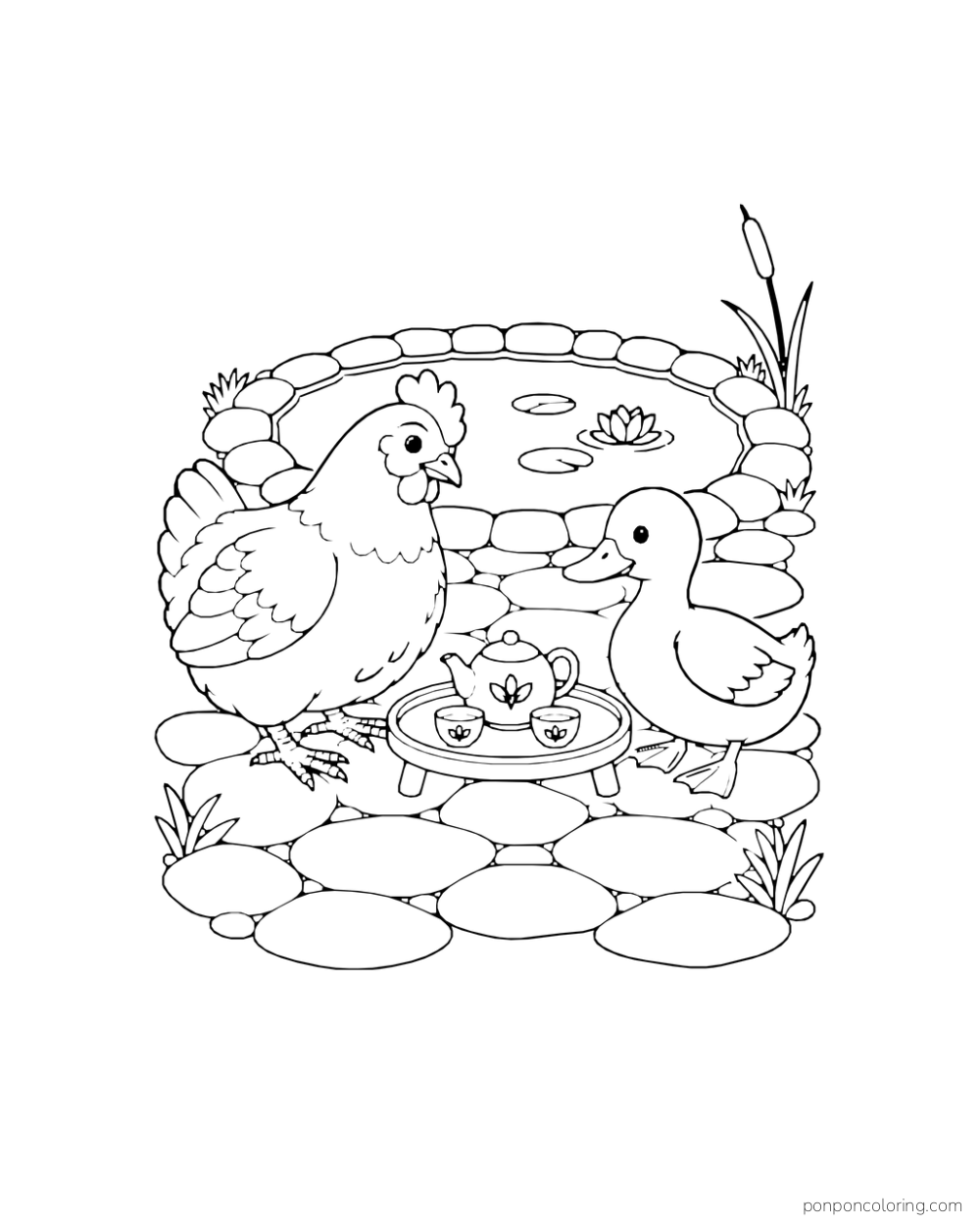 Hen and duck beside a low tea tray at the edge of a small pond