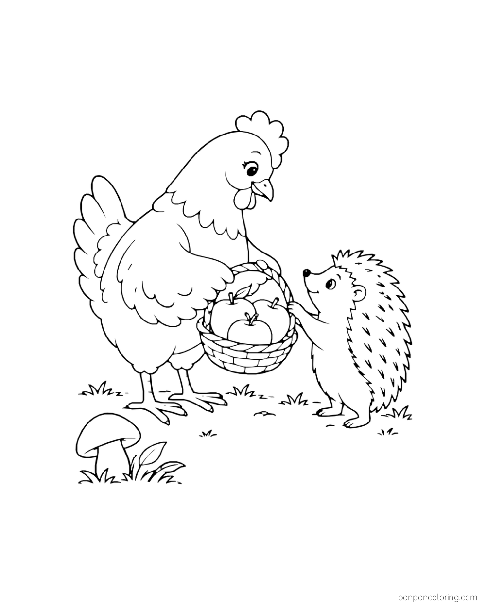 Hen holding a basket of apples toward a small hedgehog