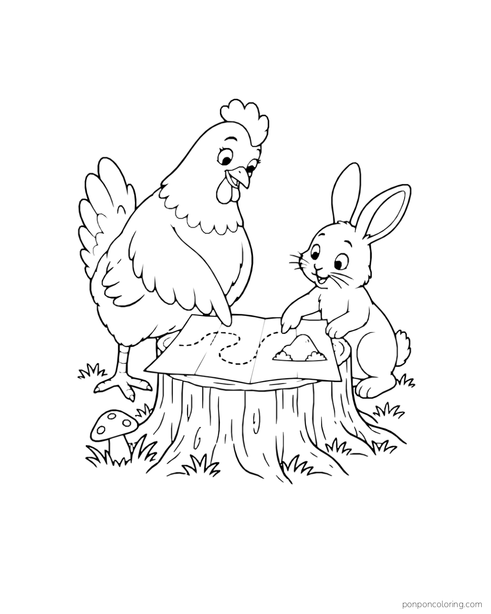 Hen and rabbit beside a folded map on a tree stump