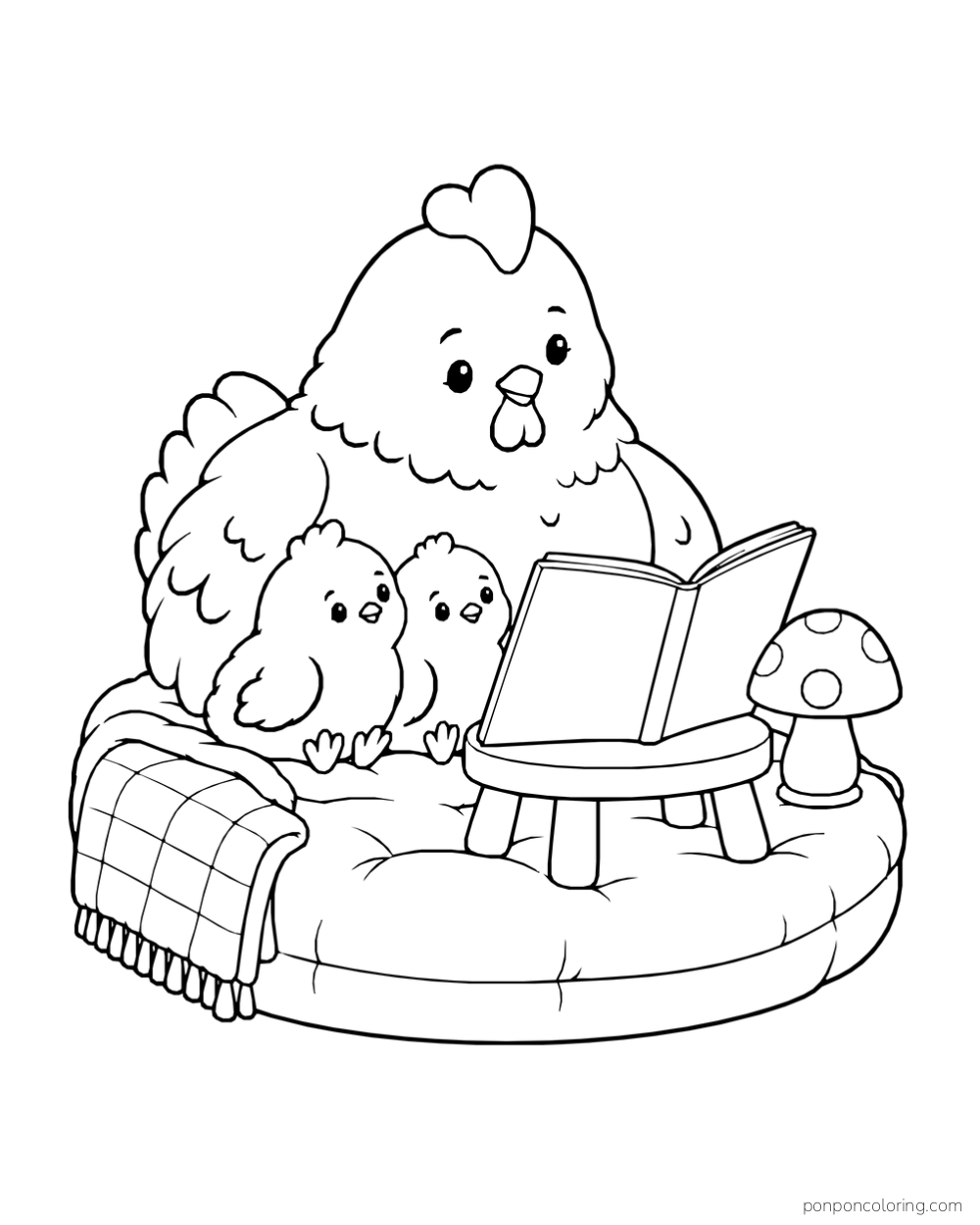 A hen and two chicks sit on a round cushion with a blanket, facing an open book on a low stool beside a mushroom lamp.
