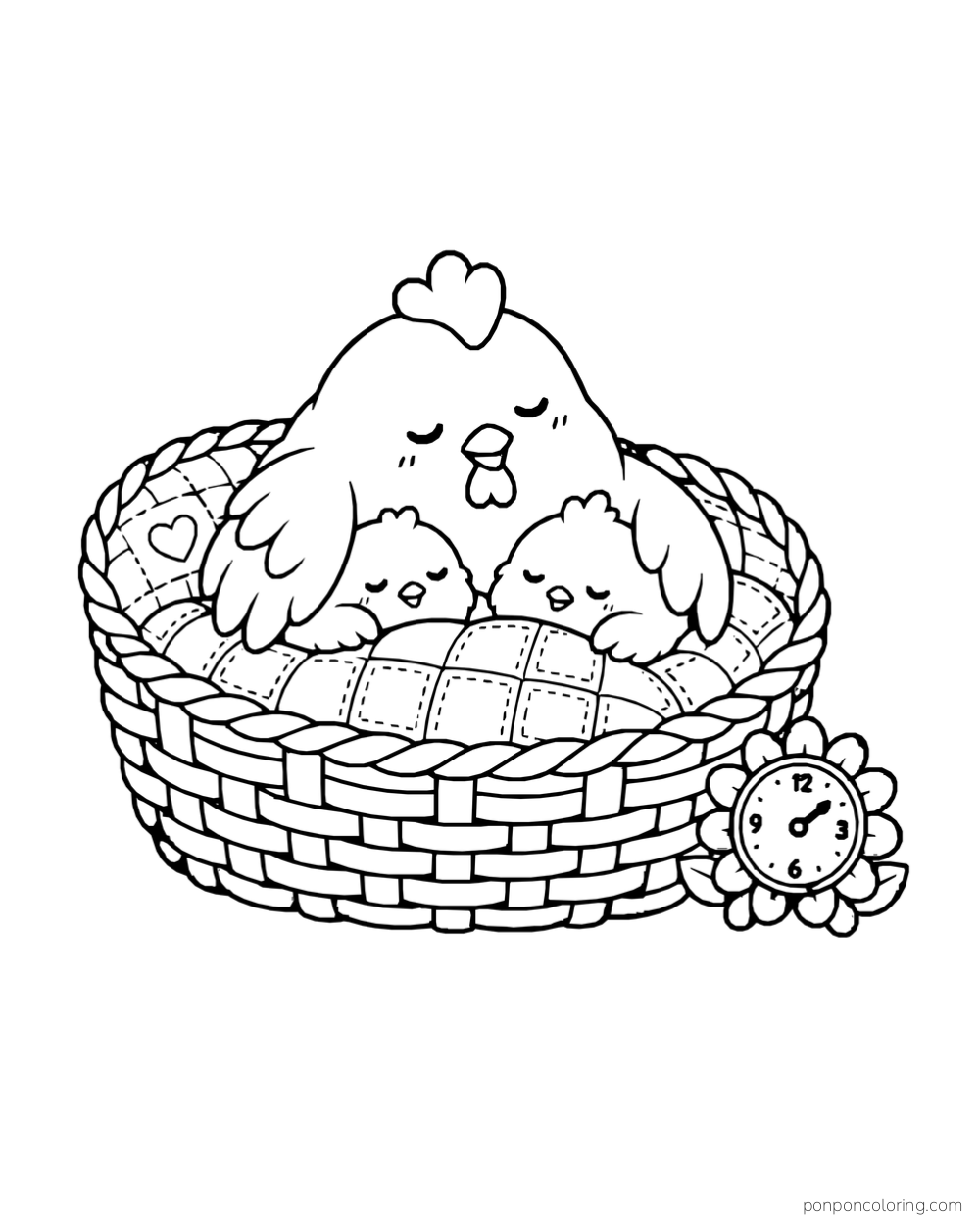 A sleeping hen shelters two chicks beneath a quilt in a woven basket, with a flower-shaped clock at the side.