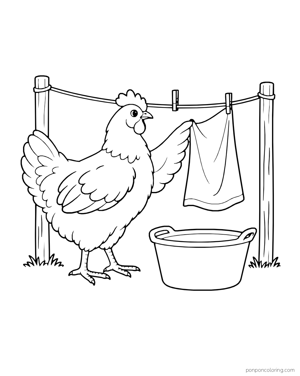 Hen holding a piece of cloth beneath a short clothesline beside a basket
