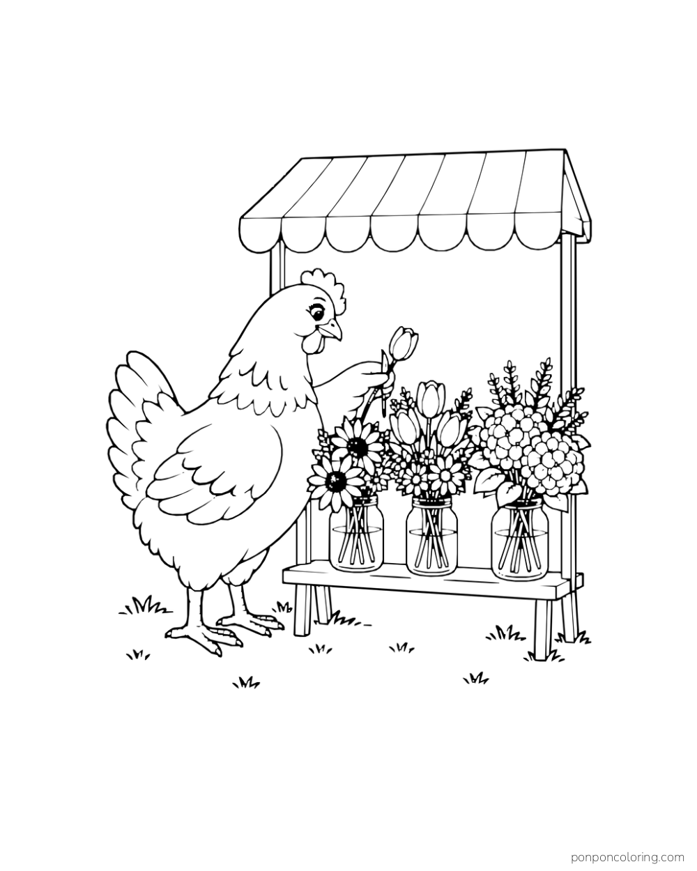 Hen selecting a stem from jars of flowers at a small stall