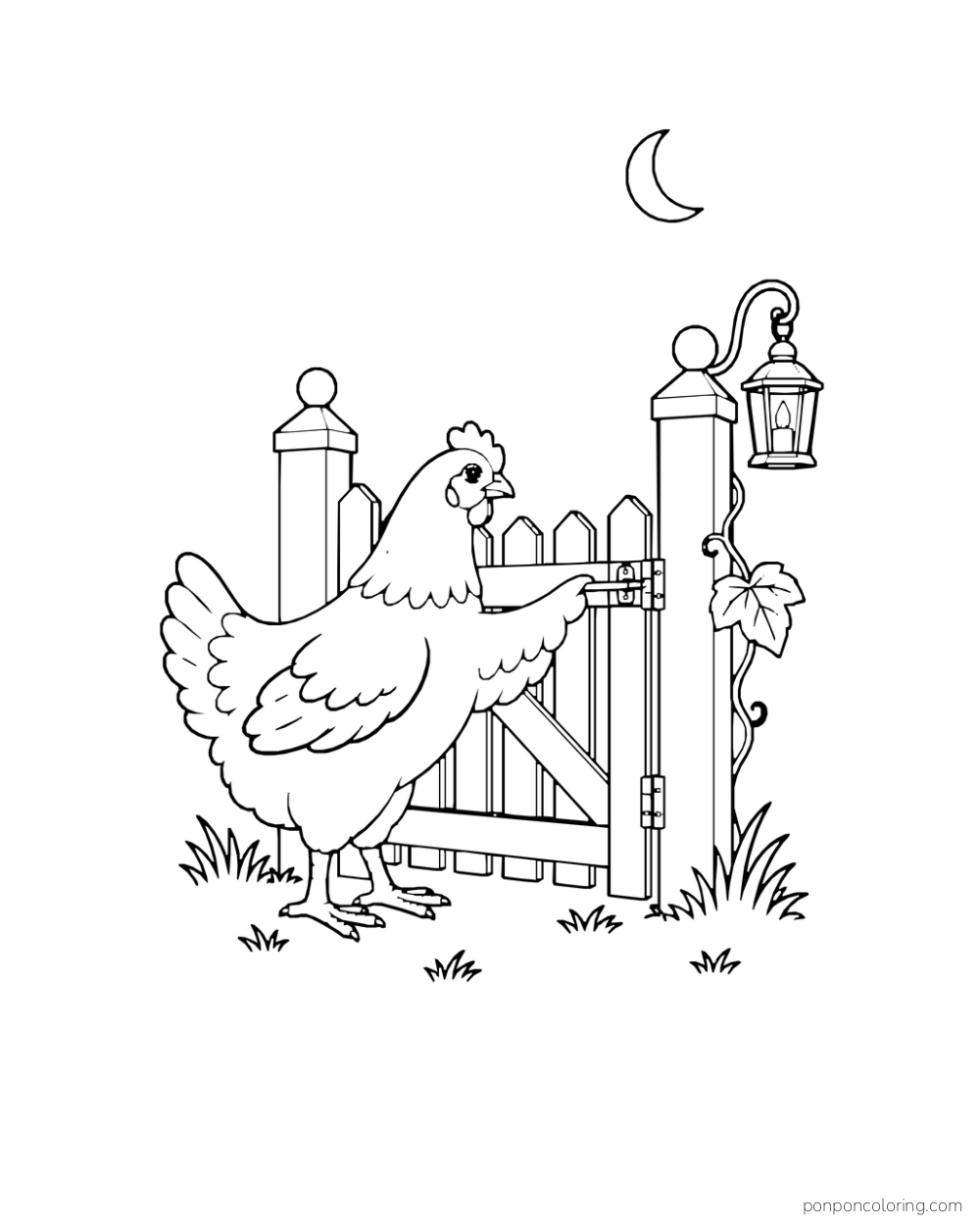 Hen touching the latch of a wooden gate with a lantern hanging from its post