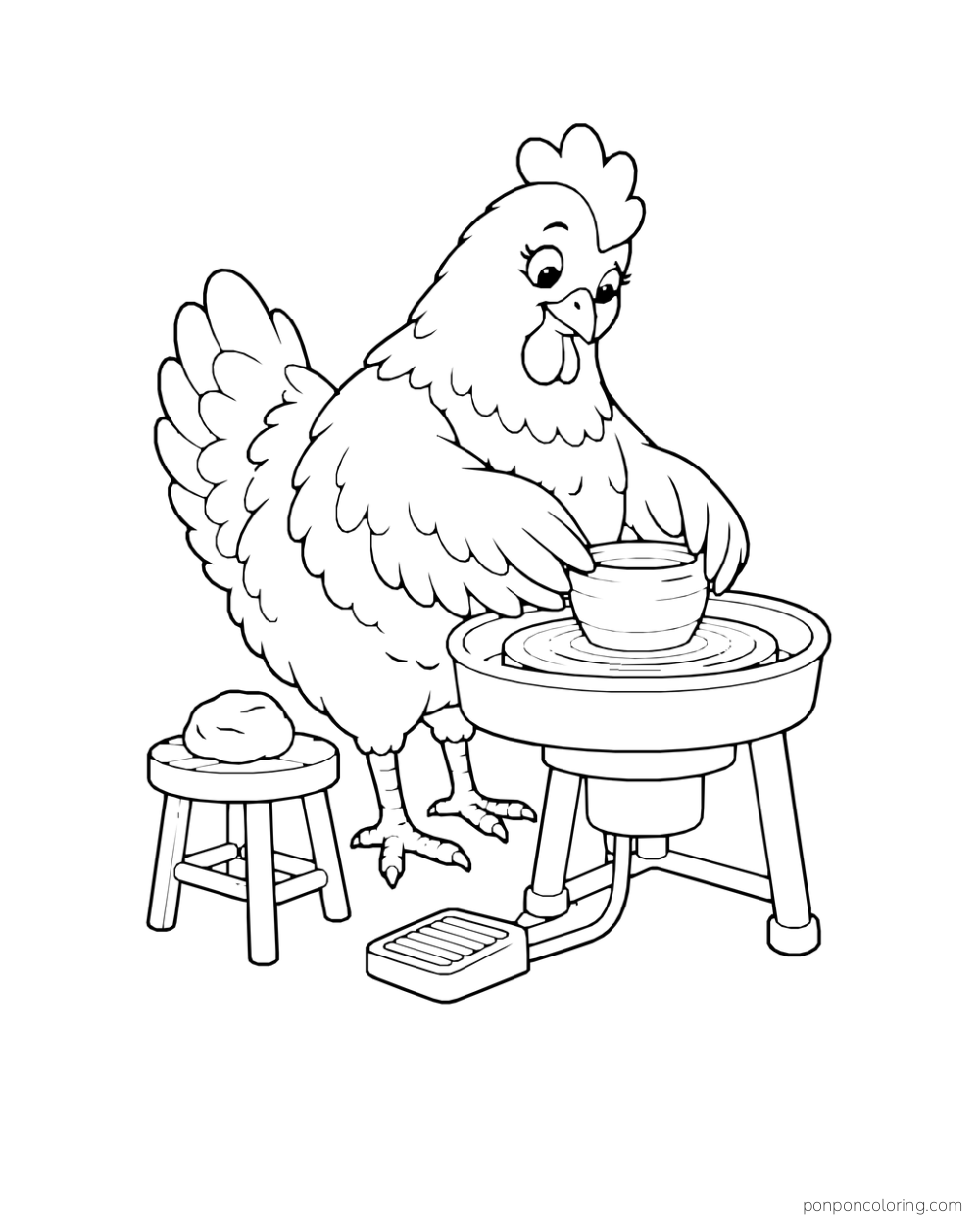 Hen shaping a small bowl on a pottery wheel beside a lump of clay