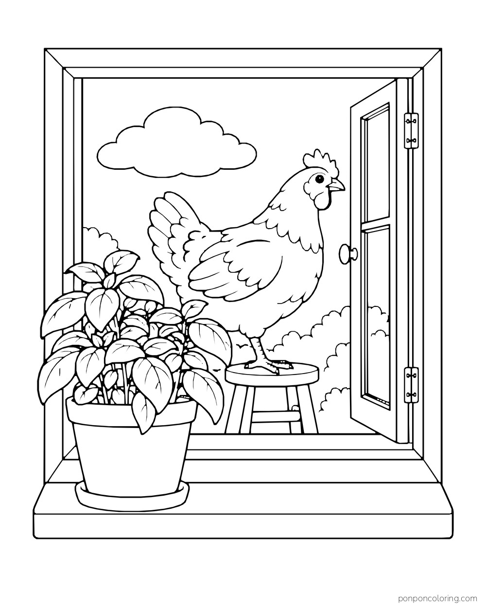 Hen on a stool beside an open window and a leafy potted plant