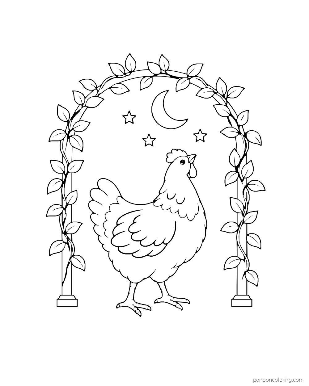 Hen looking toward a crescent moon and three stars beneath a leafy garden arch