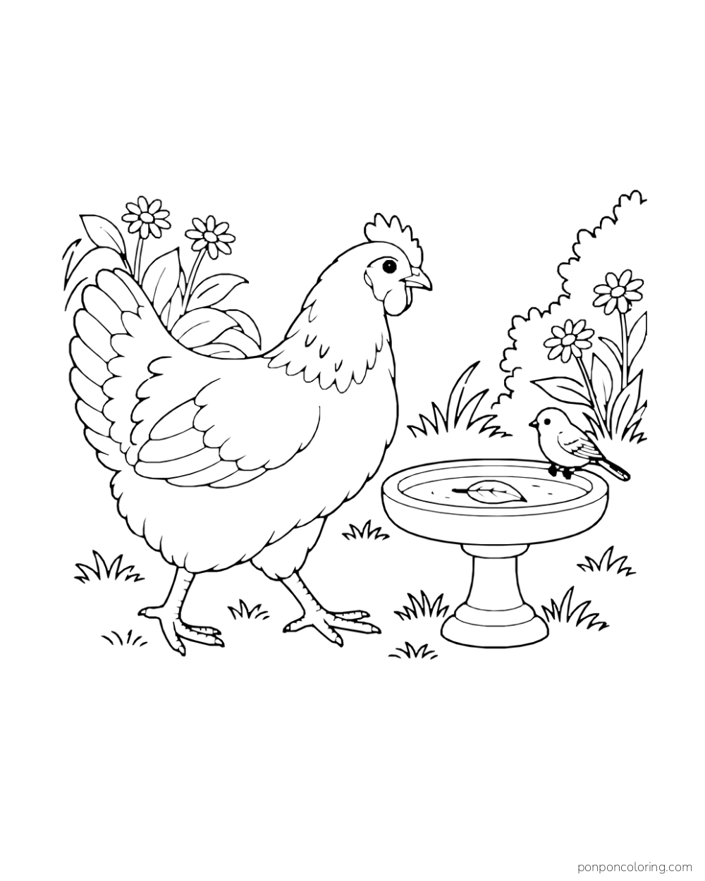 Hen beside a round birdbath with a small bird perched at the rim