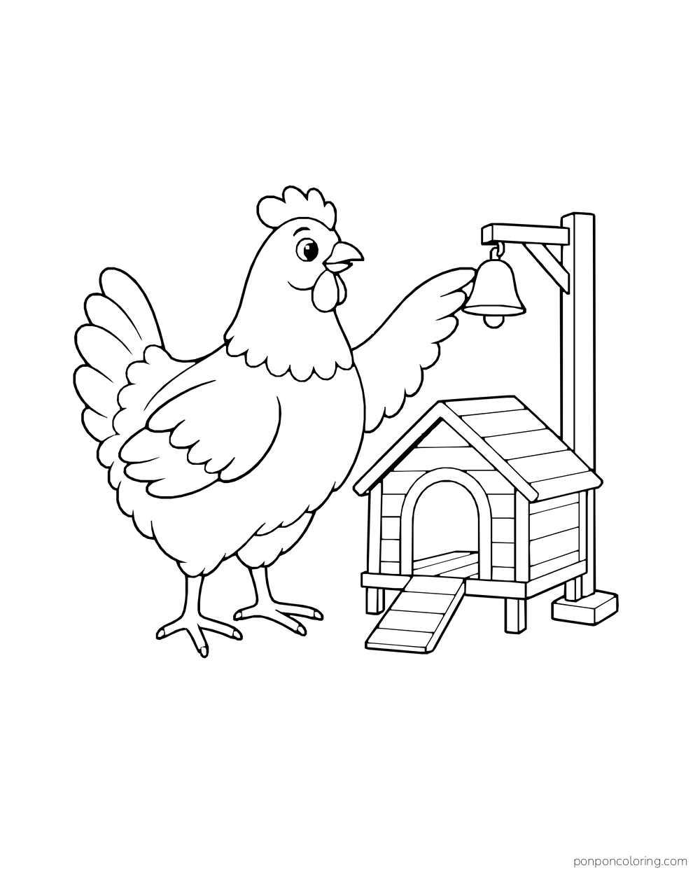 Hen touching a small bell above a miniature chicken coop