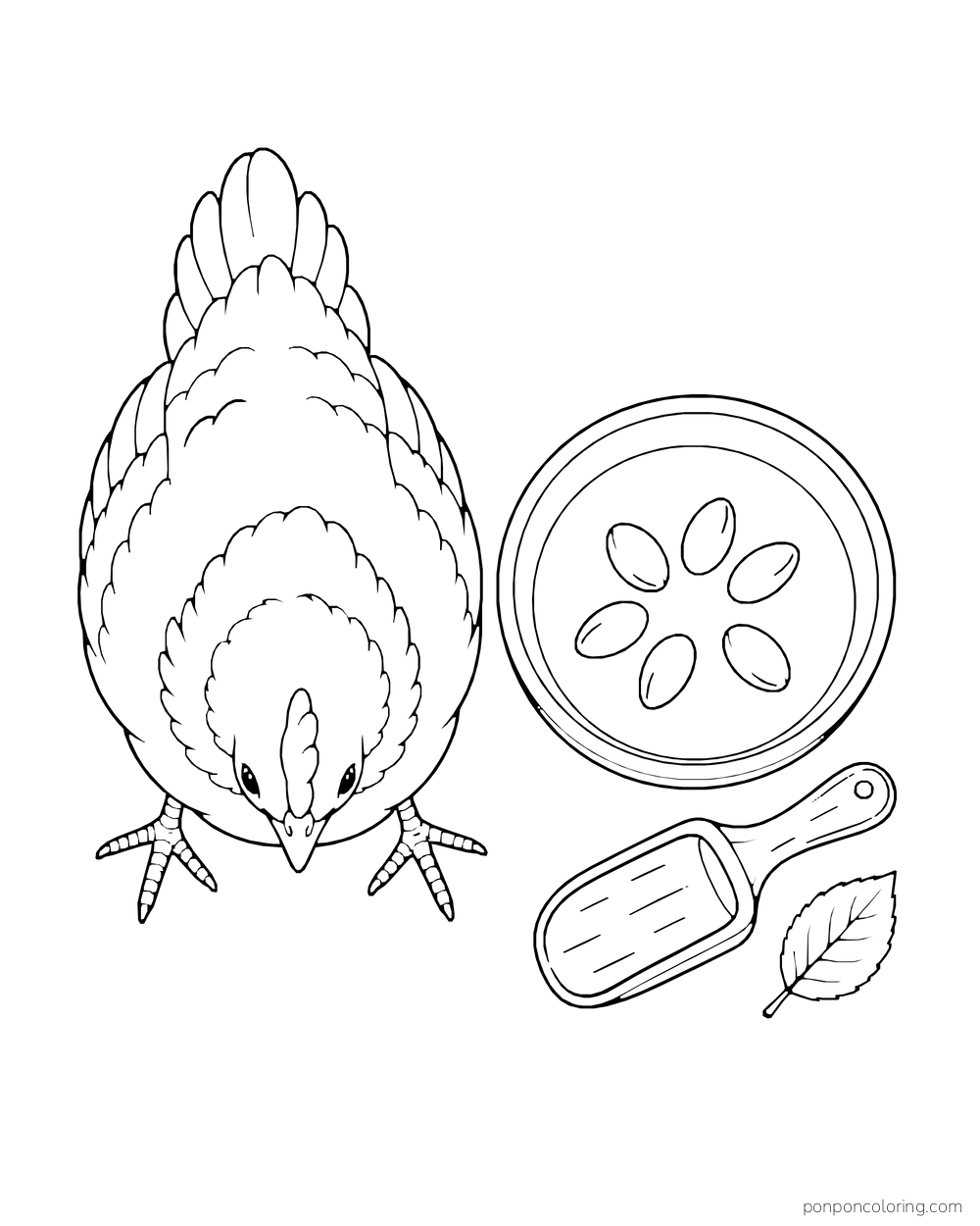 View from above of a hen beside a round bowl of large seeds and a scoop