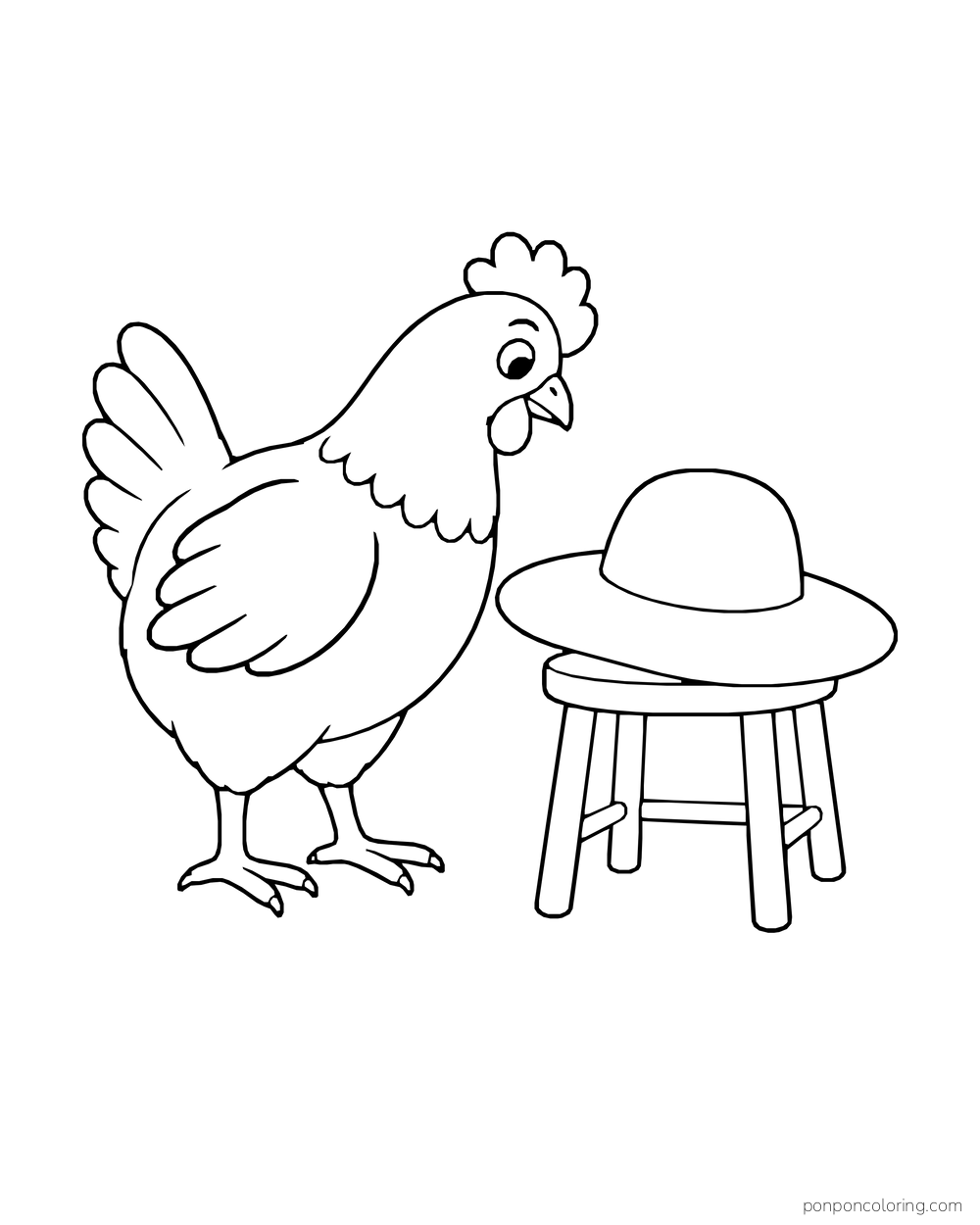 Hen looking at a wide-brimmed hat resting on a low stool