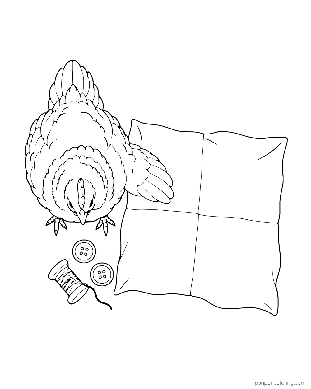 View from above of a hen beside a four-panel cloth with buttons and a spool
