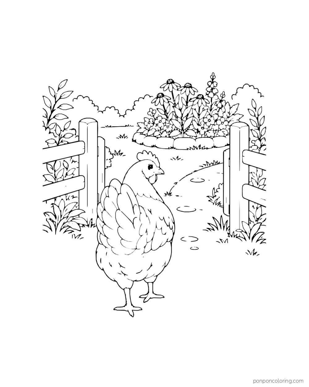 Rear view of a hen at an open garden gate facing a flower bed