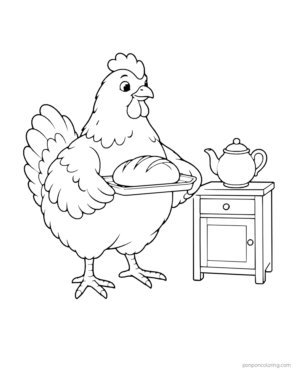 Hen holding a loaf on a tray beside a small cabinet and teapot