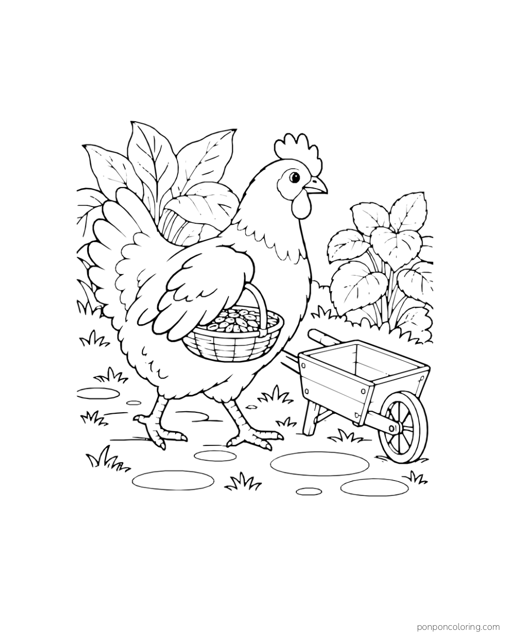 Hen carrying a seed basket beside a small wheelbarrow on a garden path