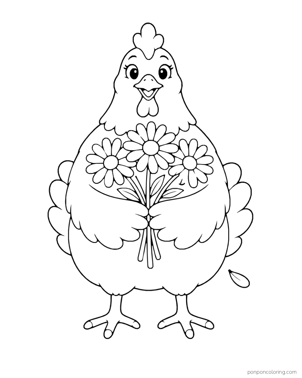 Front-facing hen holding a bouquet of three large daisies