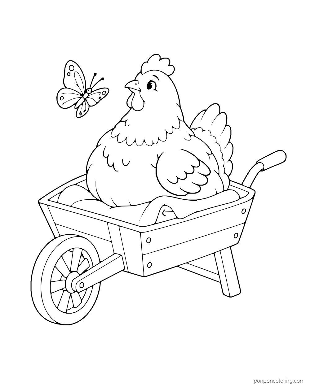 Hen sitting in a wooden wheelbarrow with a butterfly nearby