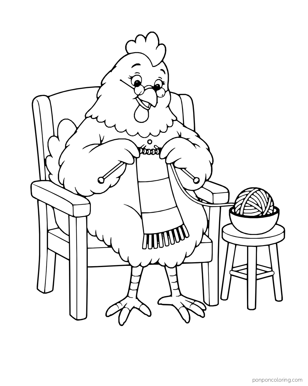 Older hen in glasses knitting a striped scarf in a wooden chair beside a yarn bowl