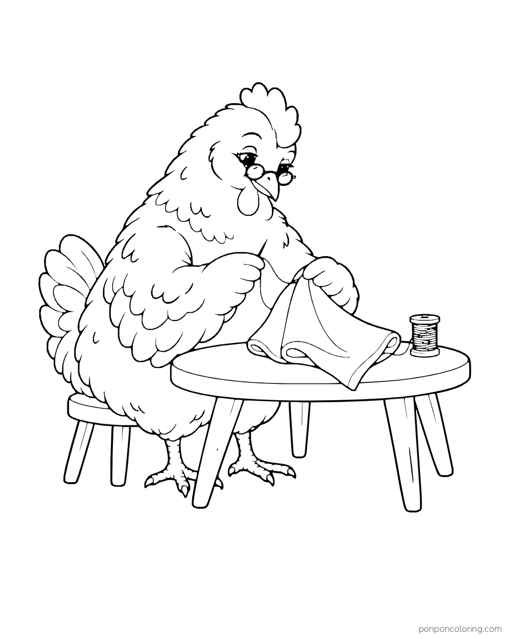 Hen holding a piece of cloth at a low round table with a spool nearby