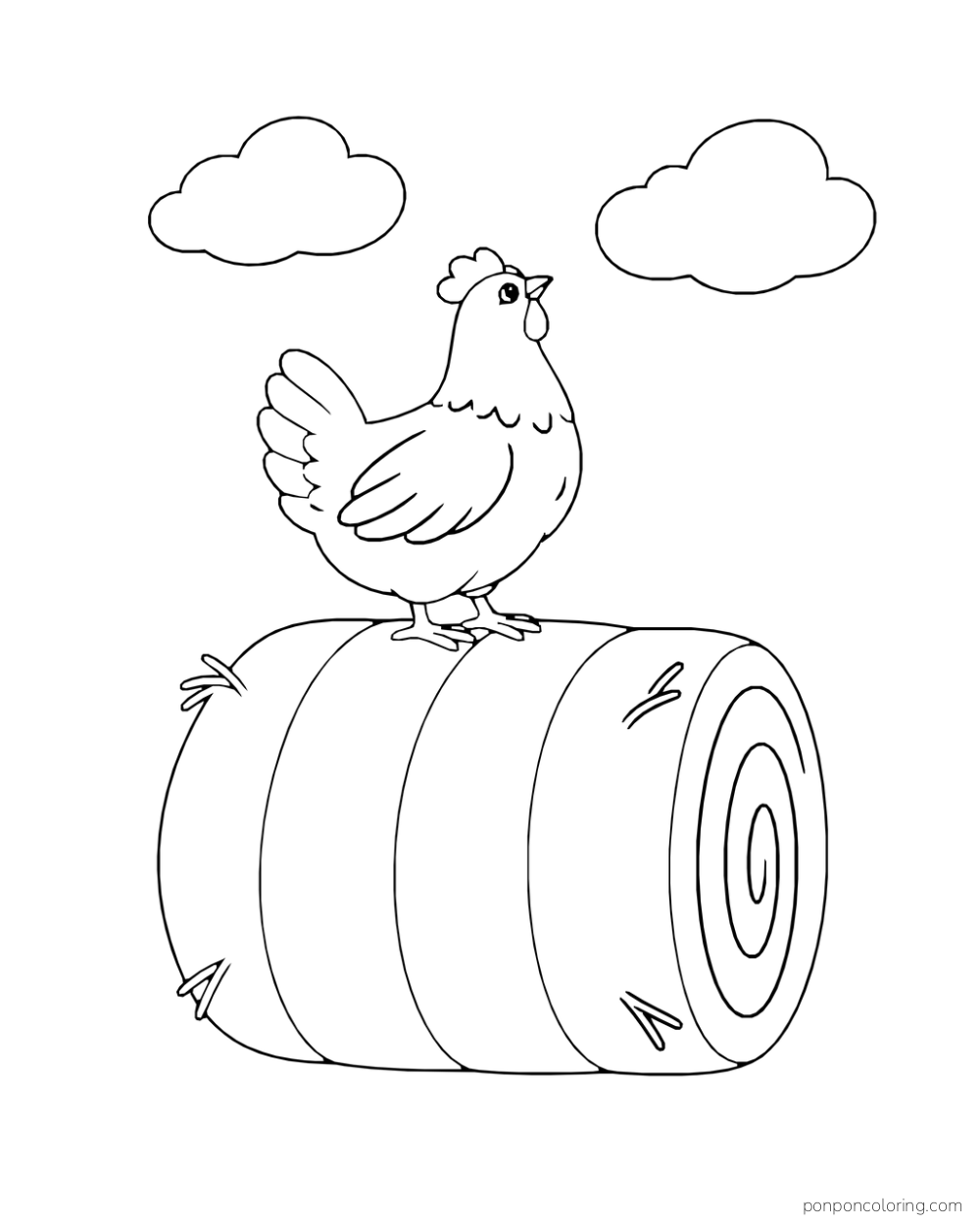 Hen perched on a large round hay bale beneath two clouds
