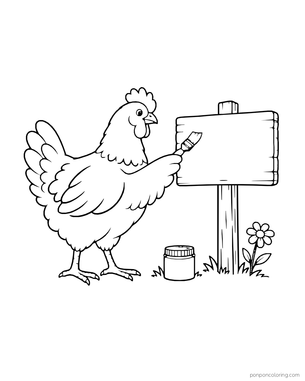 Hen holding a paintbrush against a blank wooden sign beside a paint pot